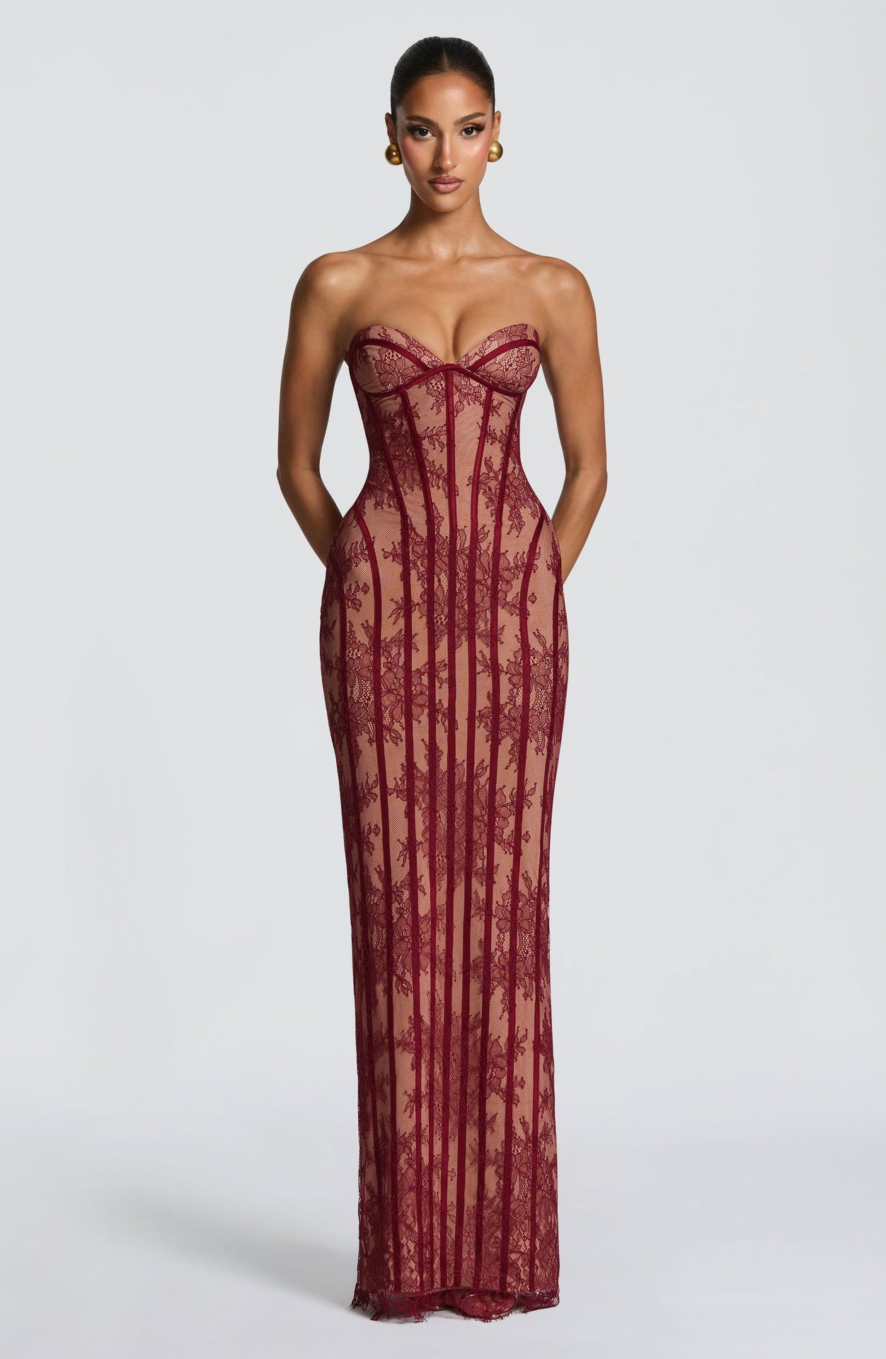 Elegant Lace Long Bodycon Dress For Evening Parties - Stunning High-Waisted Corset Design With Sheer Mesh & Floral Embroidery​_ecoleips.com