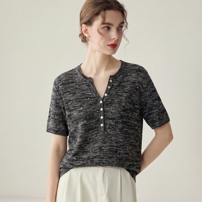 Herbalife High-Quality Summer New Short-Sleeve Clothing for Commuting, Slimming V-Neck Knit Women's Fashion Versatile Linen Top