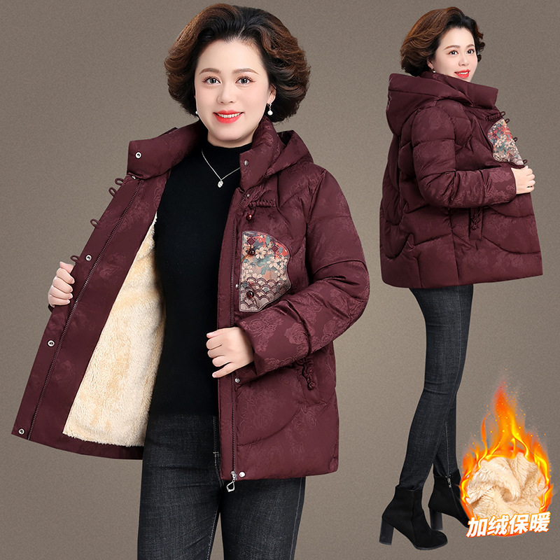 妈妈冬装棉衣中长款洋气中年妇女加厚羽绒棉服中老年印花棉袄外套