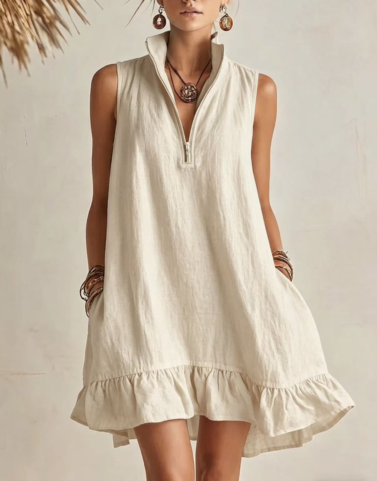 Women's Clothing Women's Solid Color Sleeveless V Neck Dress Cotton Linen Spring Summer For Formal & Casual For Women_ecoleips.com