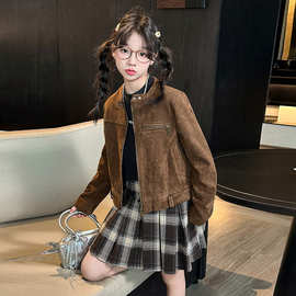 女童秋季麂皮绒外套2025新款女大童洋气秋装复古风美拉德短款夹克