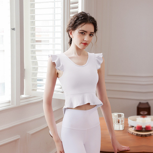 Elegant temperament yoga top women's autumn and winter new sports quick-drying slim ruffled white fairy vest