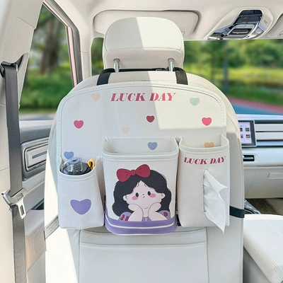 Cartoon Car Interior Anti-kick Pad Chair back anti-kick pad - chair-back-storage-bag-love-chubby-black-hair-princess-print-leather-white