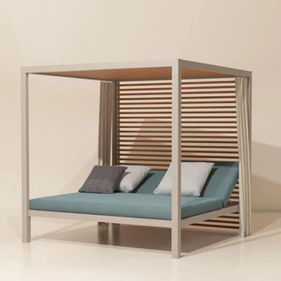 Outdoor Solid Wood Bed Waterproof Sun Protection Hotel Courtyard Square Pool Outdoor Open-Air Sofa Bed Beach Lounge Chair