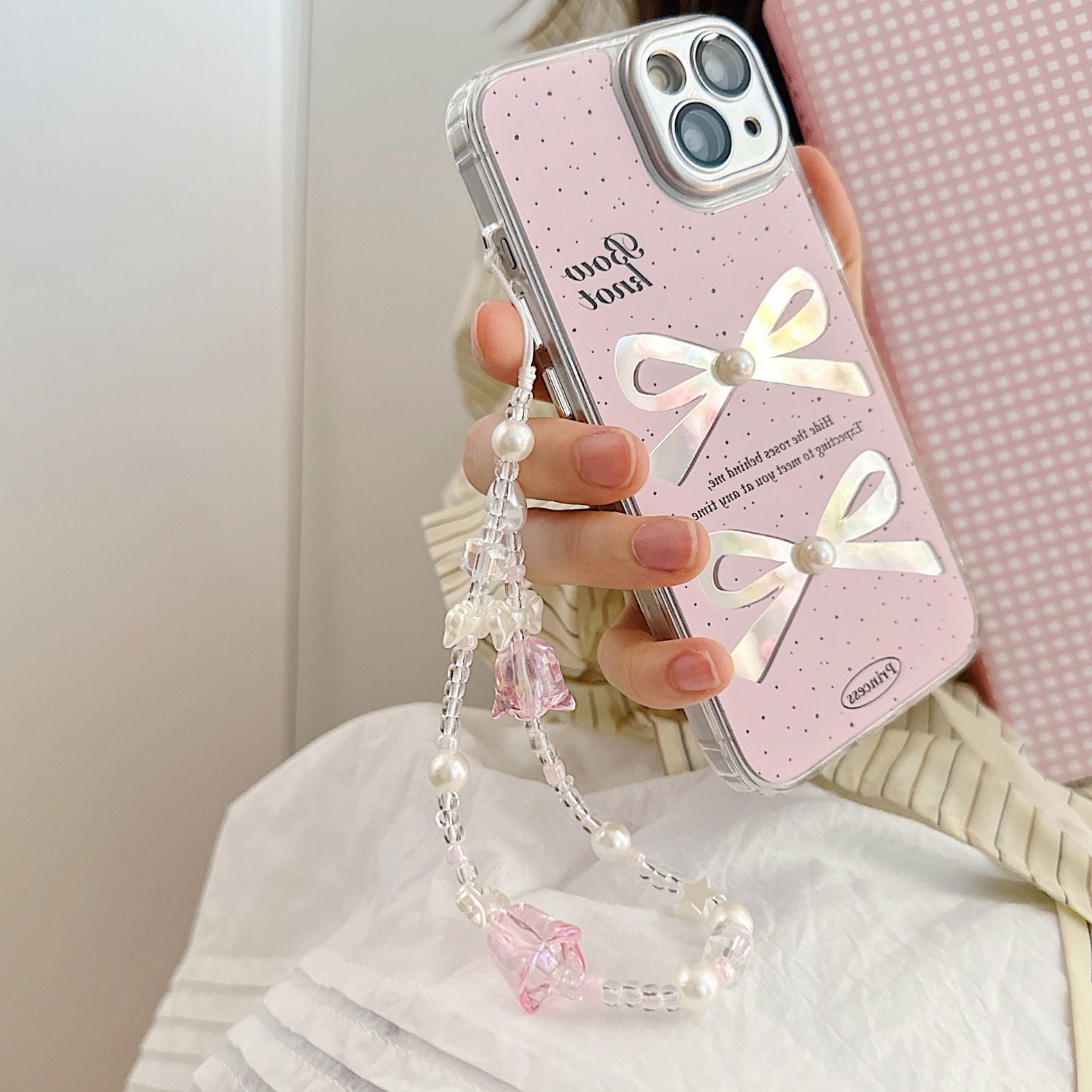 Aplicable cadena coreana orquídea de campana cadena de muñeca arco cuentas de caso de teléfono móvil colgante anti-perdida colgar pulsera trenzada