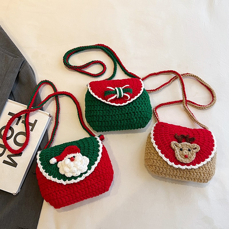 Cross-Border New Winter Christmas Wool Crochet Bag Cute Shoulder Crossbody Bag Hand-Knitted Mobile Phone Bag