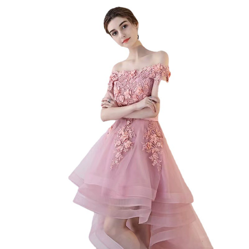 Sand evening dress, open shoulders, asymmetric cut
