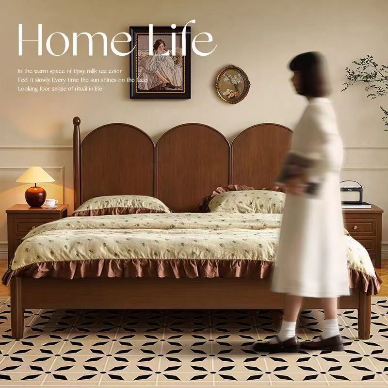 Retro French Solid Wood Bed Walnut Color American Master Bedroom Double Bed 1.51.8 Modern Simple Mid-Century Style B&B