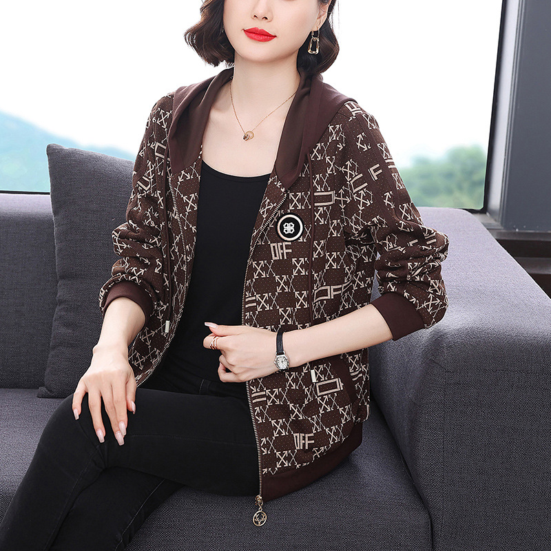 Women's Clothing Hooded jacket for women Spring and Autumn new large size loose stylish printed middle aged mother thickened short top_voghion.com