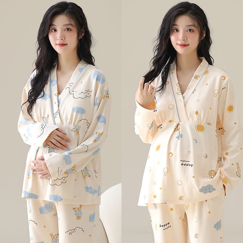 100% Cotton Maternity Pajamas for Women, Spring and Autumn, with Chest Pads, Postpartum Set, Nursing Loungewear