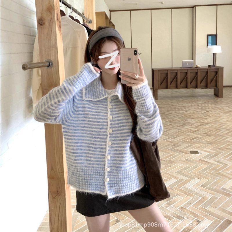 跨境韩系复古条纹长袖毛衣外套女秋冬季新软糯设计感宽松针织开衫|undefined
