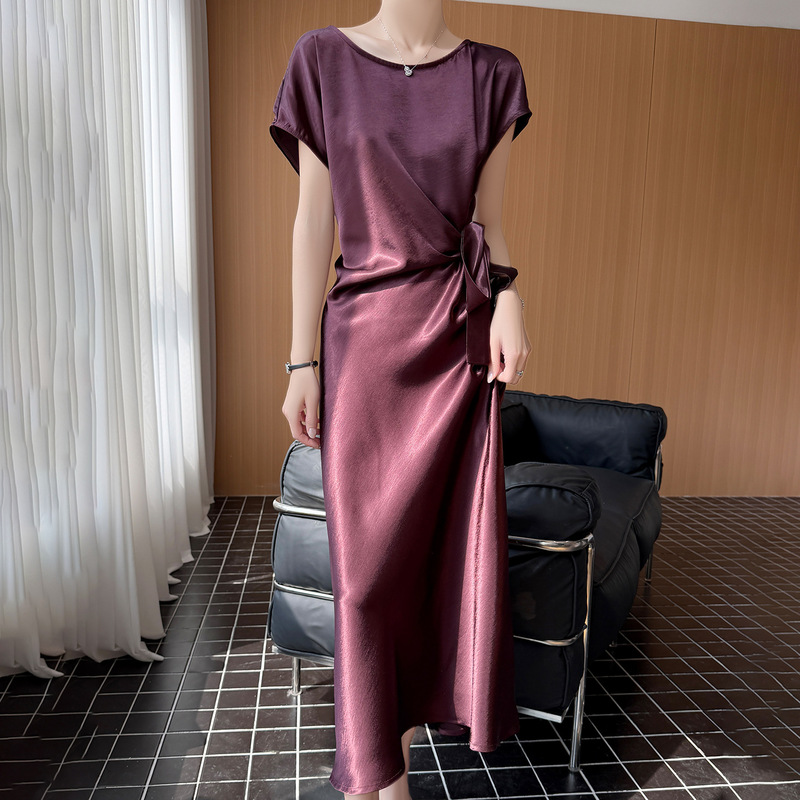 2026 New Short-Sleeved Dress for Women, Round Neck Satin Light Luxury High-End A-Line Dress with Tie Waist and Slimming Long Skirt 2026 New Short-Sleeved Dress for Women, Round Neck Satin Light Luxury High-End A-Line Dress with Tie Waist and Slimming Long Skirt