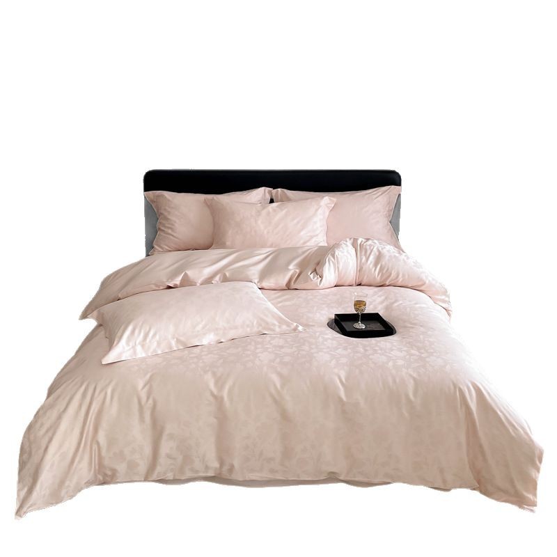 Juego de cama de cuatro piezas de algodón de fibra larga satinado 100S de alta gama, juego de cuatro piezas de algodón puro jacquard, funda nórdica, sábana ajustable