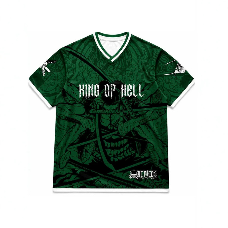 One Piece Zoro Themed Short-Sleeved T-Shirt, Hell King Print, V-Neck, Contrasting Color Sports Jersey Style Top for Men and Women One Piece Zoro Themed Short-Sleeved T-Shirt, Hell King Print, V-Neck, Contrasting Color Sports Jersey Style Top for Men and Women