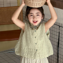 女童無袖襯衫夏裝2024新款韓版兒童休閒襯衣中大童翻領娃娃衫上衣