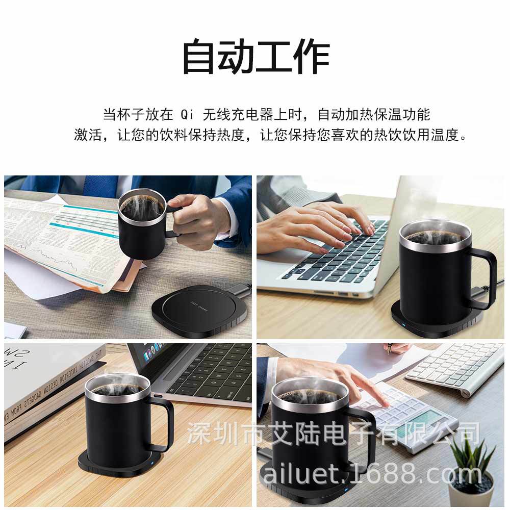 Taza de café térmica con carga inalámbrica de acero inoxidable 304 de doble capa M12, calentador de tazas de 55 grados, aislamiento de 350 ml, carga rápida de 15 W