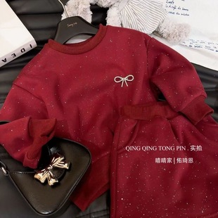 Autumn and Winter Girls' suit Baby Stylish Children's Personalized Trendy Korean-style Ancora Red fleece-lined Bow Sweat Skirt