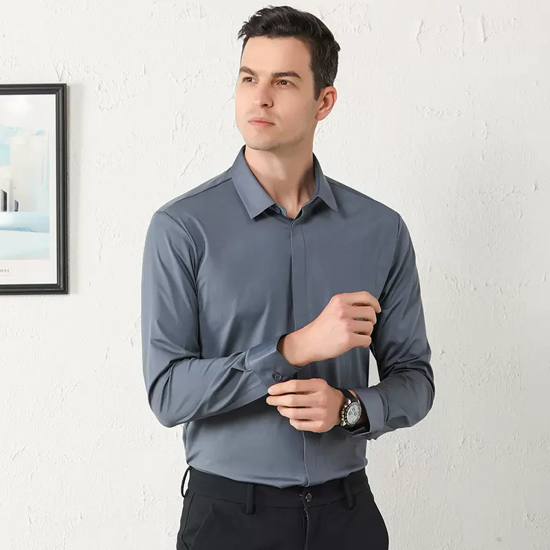 高档冰丝抗皱休闲衬衫男士长袖春夏季商务正装衬衣免烫寸衫上衣男