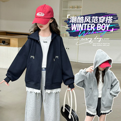 2025女童秋装新款蝴蝶结刺绣外套女大童时尚花边连帽卫衣长袖上衣
