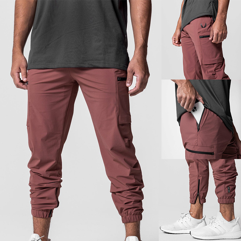 Cross-border Men's Outdoor Sports Trousers Polyester Woven European and American Non-elastic Slim-fit Workwear Pocket Leg Jogging Pants for Men