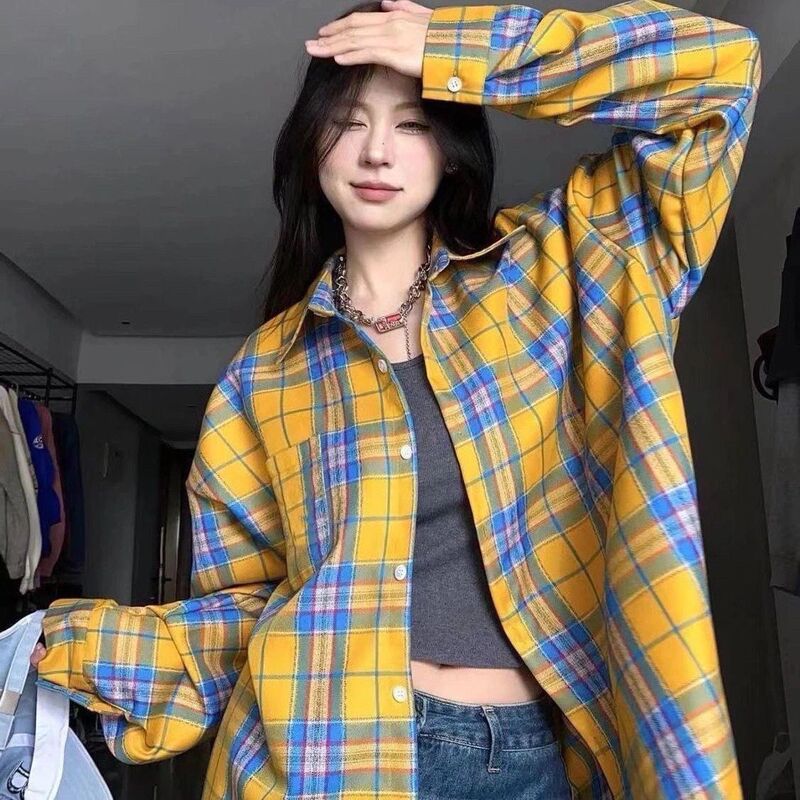 美式长袖格子衬衫春秋复古新款宽松慵懒风小个子衬衣上衣休闲外套|undefined