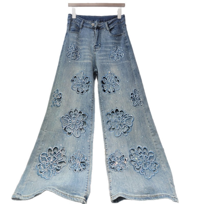 Pantalones Vaqueros Rectos con Bordado y Pedrería para Mujer Mezclilla Elástica Corte Recto Cintura Media