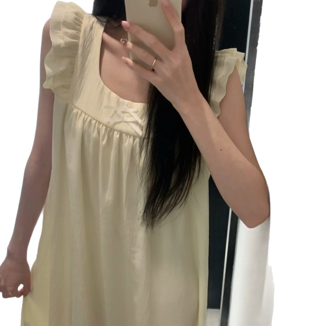Verano nuevo estilo nube algodón color sólido camisón simple falda media femenina estilo delgado manga pequeña falda de camisón de hogar simple lindo