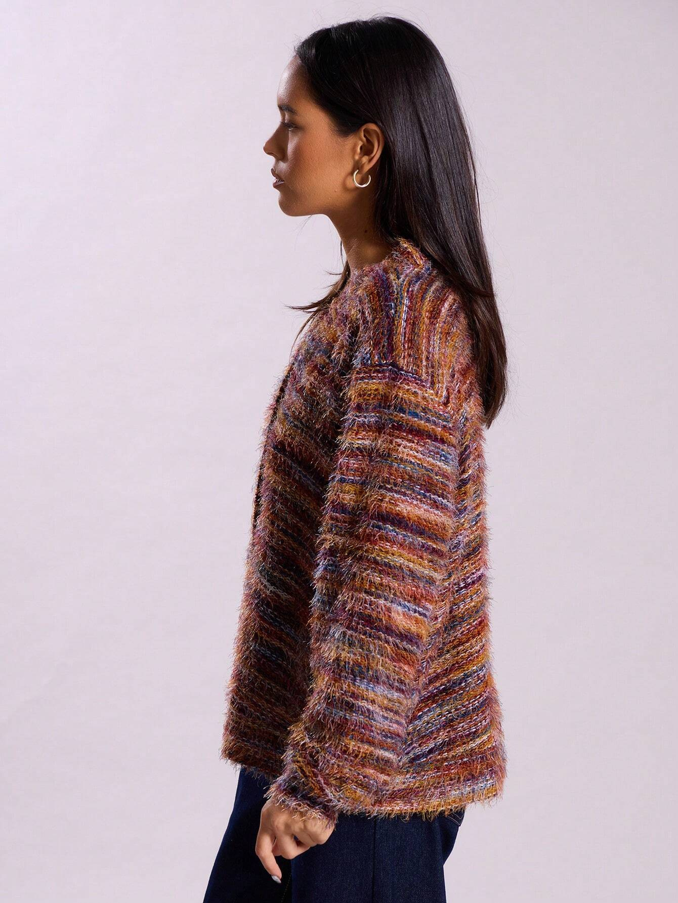 Vintage Plüsch Strickjacke Mit Tiefem V-ausschnitt Langarm_voghion.com