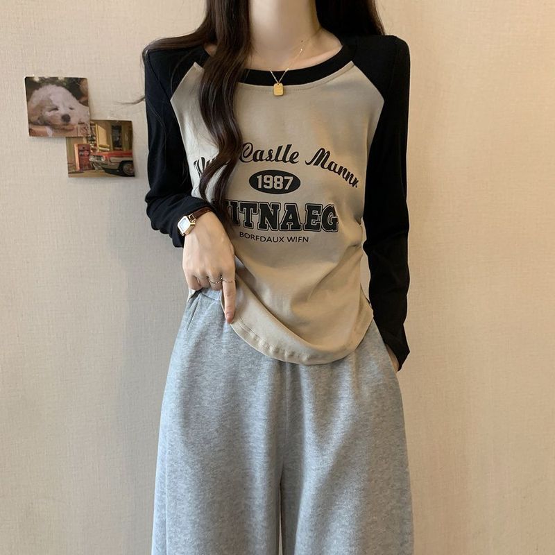 2024サイズ太ったmm秋の女装tシャツアメリカのレトロなアルファベットのプリントは長袖で痩せている|undefined
