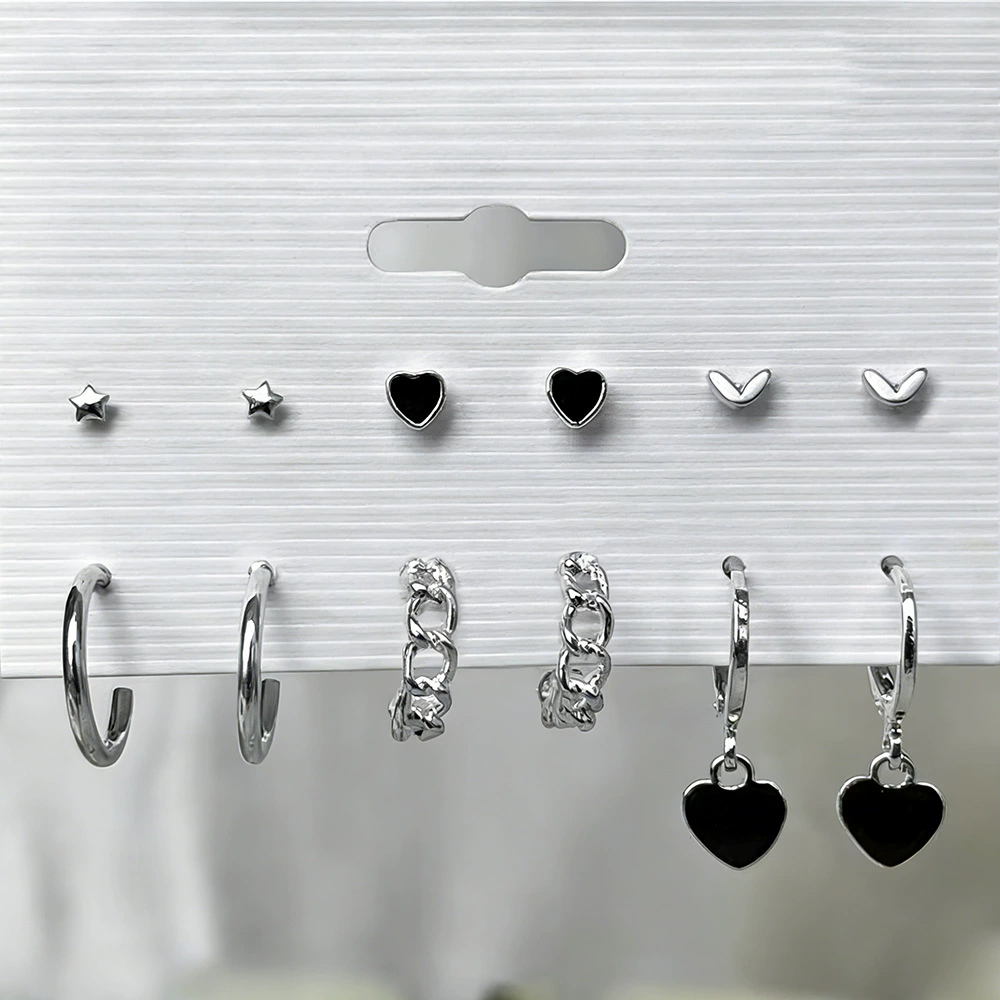Earrings set 6-piece, European style simple elegant, metal fashion studs and dangles