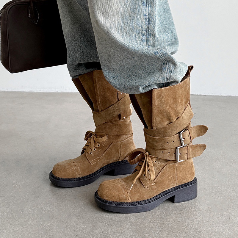 Boot cao bồi cổ trung bình da bò lộn phong cách retro, gót thấp khóa thắt lưng — đen, màu nâu sẫm, kaki