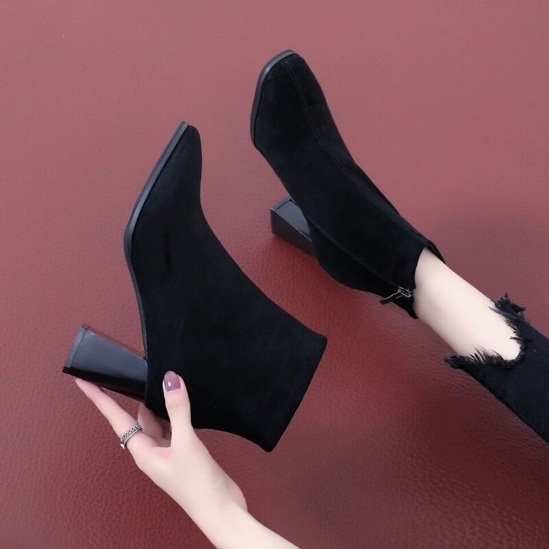 Chunky Heel Fleece-Lined Fashion Short Boots for Women, 2026 Autumn and Winter New Style, Suede Slim Boots for Women, Super Versatile and Stylish High Heels