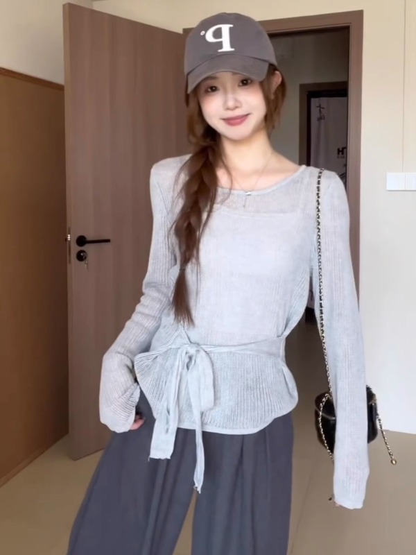 韩系灰色薄款微透长袖针织衫女秋慵懒风小个子宽松防晒罩衫上衣|undefined