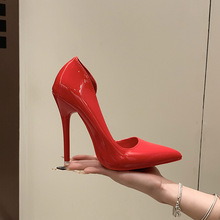 12cm细跟性感红内里高跟鞋女41红底侧空大码42浅口漆皮工作单鞋43