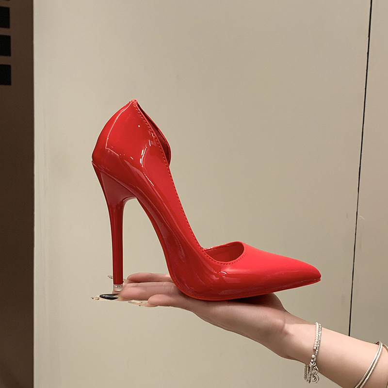 12cm细跟性感红内里高跟鞋女41红底侧空大码42浅口漆皮工作单鞋43