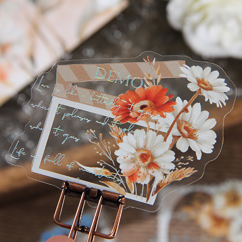 Patrón simple eje láser etiquetado de plata bolsa transparente impermeable mascota etiquetado de cuentas de mano etiquetado de flores de plantas retro transfronterizas