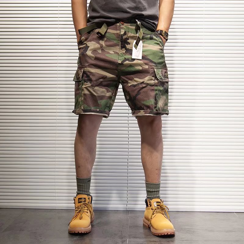 American Retro Large Pocket Summer Cargo Camouflage Shorts for Men, New Loose Trendy Versatile Camouflage Knee-Length Shorts for Men