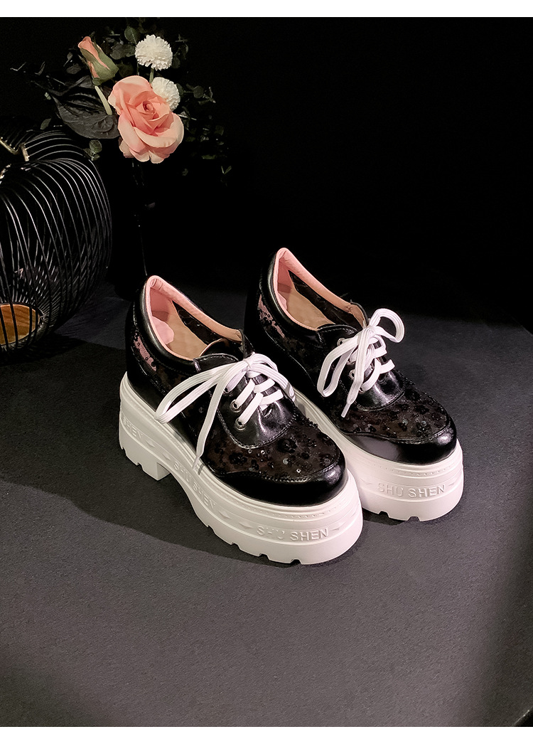Giày sneaker nữ đế dày lưới thoáng khí, phối dây buộc phong cách loafer đế xuồng — Trắng 12cm, Trắng 15cm, Đen 12cm, Đen 15cm chi tiết 16