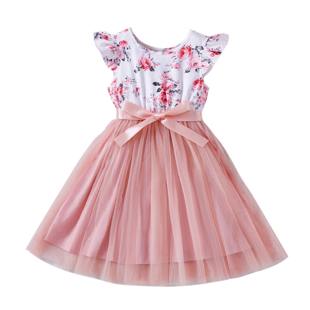 EW foreign trade children's clothing middle and big children's new girls' summer romantic flower flying sleeve mesh dress DQ1593-C