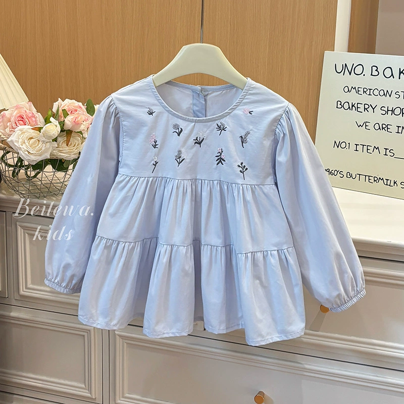 Девушка с длинными рукавами хлопчатобумажная синяя вышитая маленькая цветочная рубашка женская рубашка сокровище 2025 новая корейская версия сладкая французская