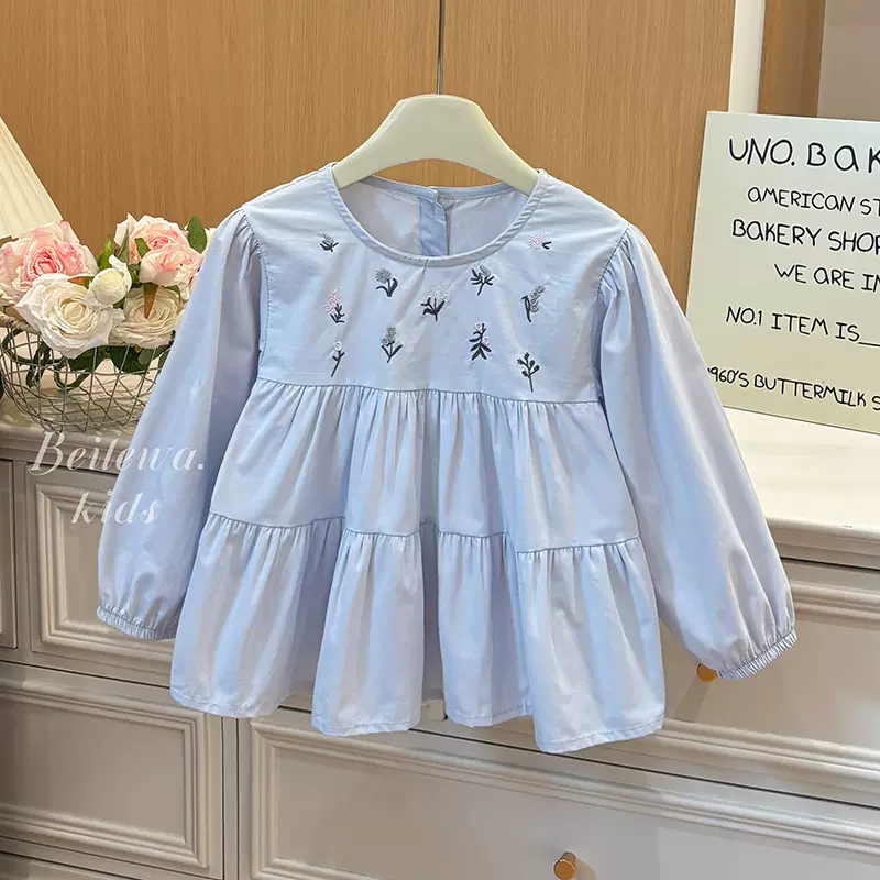 女童长袖棉质蓝色刺绣小花衬衫女宝衬衫2025春季新款韩版甜美法式