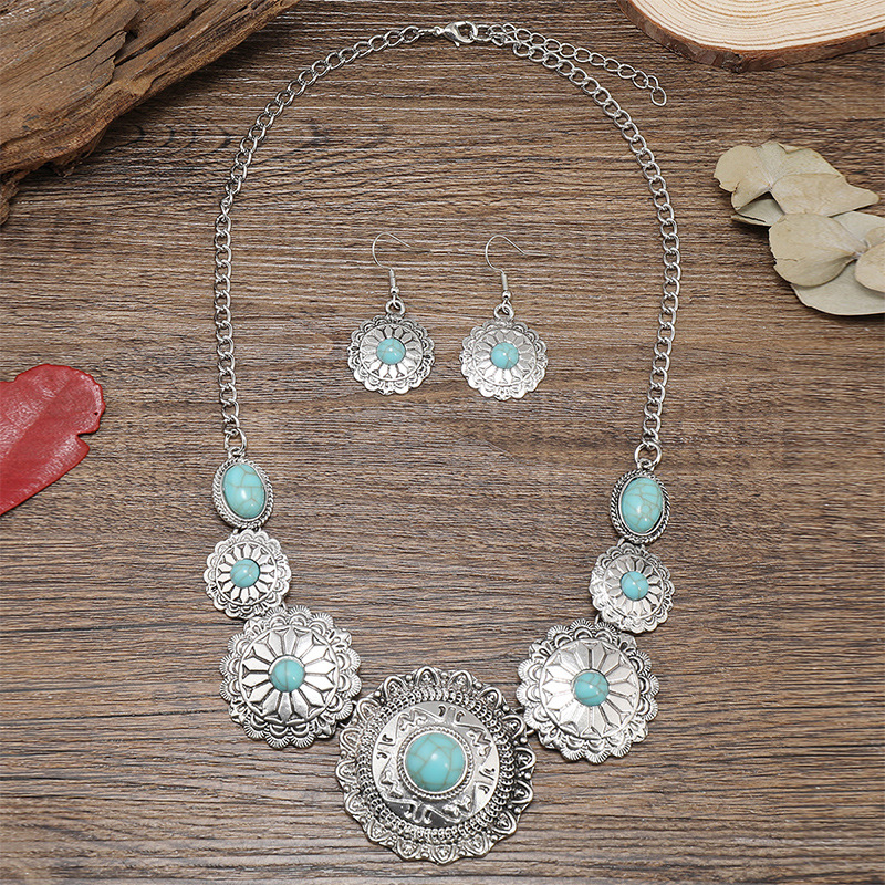 Retro Ethnic Style Geometric Alloy Plating Inlay Turquoise Women's Earrings Necklace display picture 2