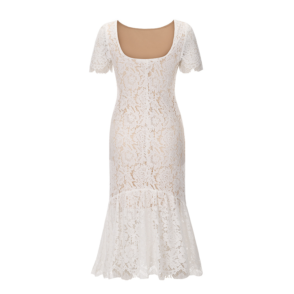 Solid Color Embroidery Lace Backless Fishtail Dress NSHYG111312