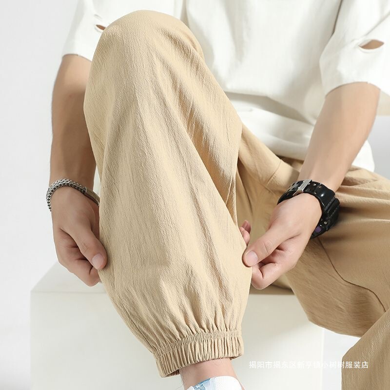 Cross-Border Dropshipping Japanese-Style Linen Cropped Pants for Men, Spring and Autumn, Plus-Size, Trendy Wide-Leg Jogger Cotton-Linen Casual
