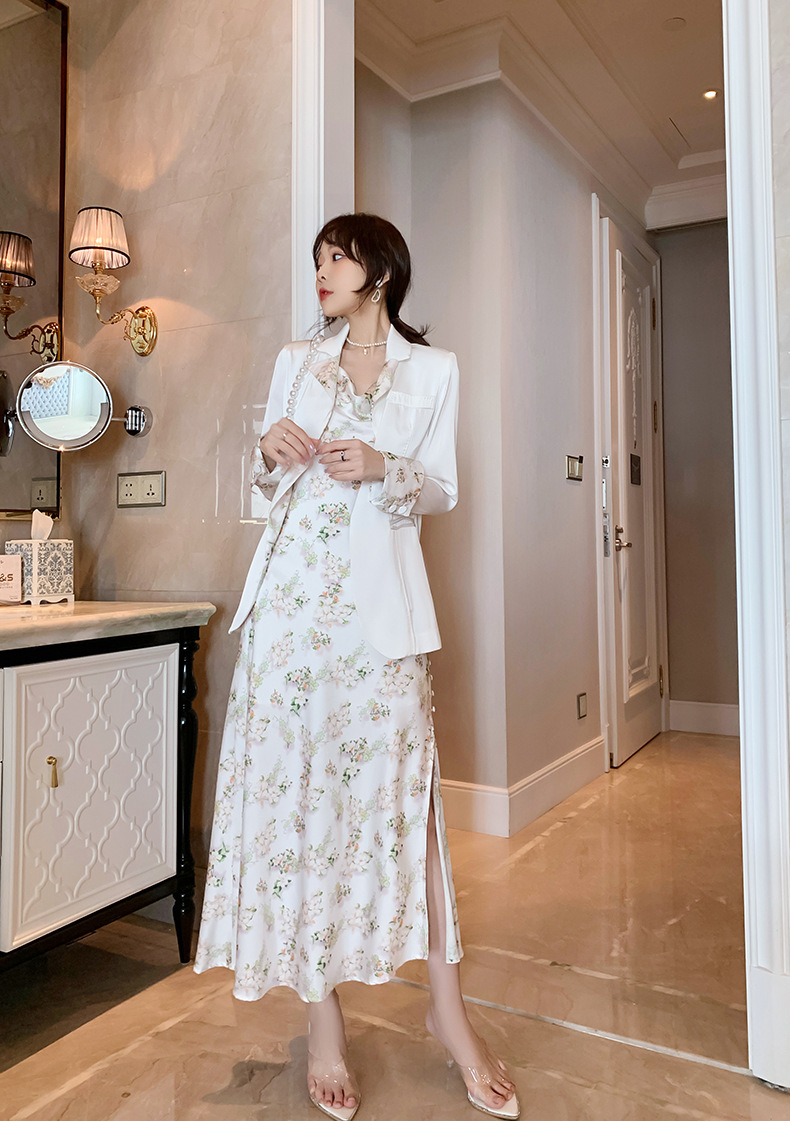 Set công sở nữ áo vest hai mảnh kèm đầm satin dây mảnh — Màu trắng chi tiết 15