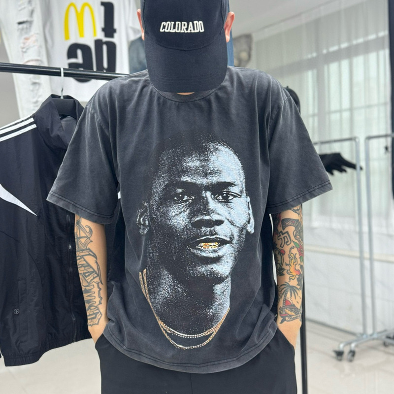 SAINT VINTAGE BIG FACE European and American Vintage Washing Water Old Commemorative Limited Figure Short-sleeved T-shirt Trendy