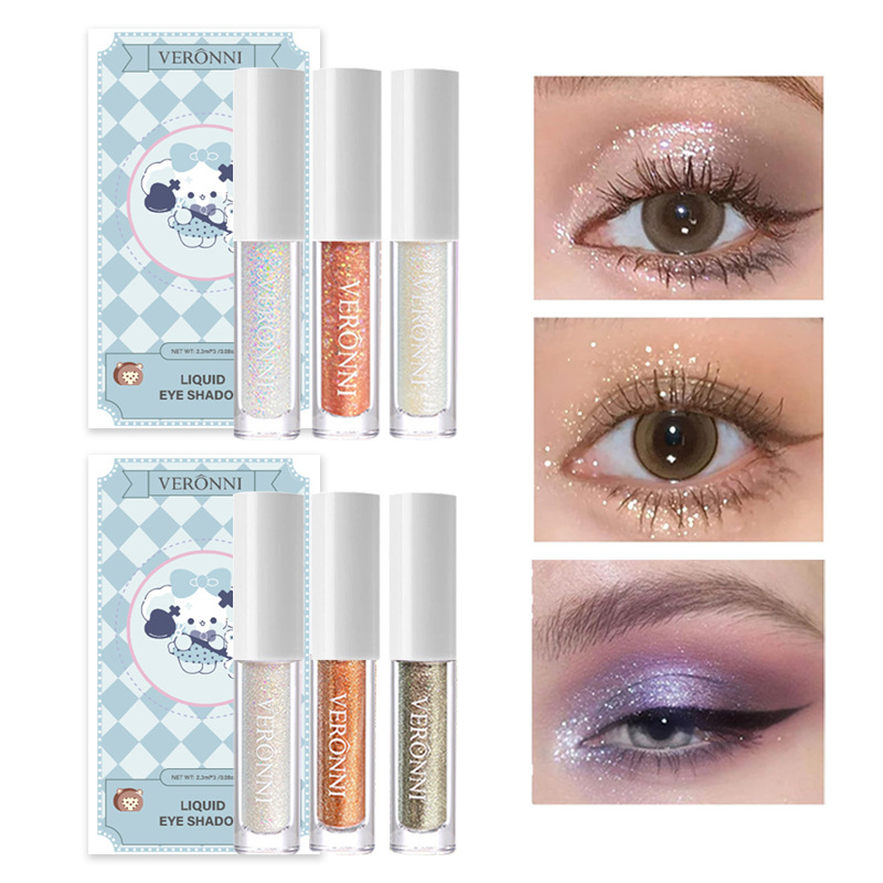 3 unids traje l&iacute;quido sombra de ojos brillante Cristal l&iacute;quido resaltar brillante sombra de ojos mentira gusano de seda pluma brillo sombra de ojos