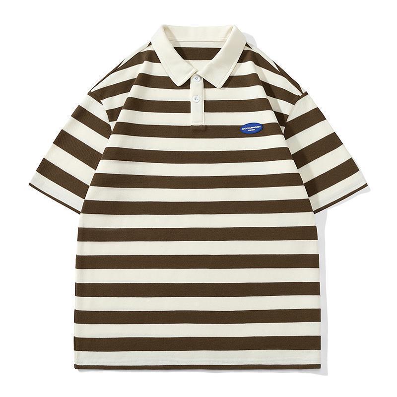 Polo camiseta de manga corta para hombres verano nuevo suelto camiseta de rayas pareja de moda de Hong Kong marca con solapa chaqueta media manga