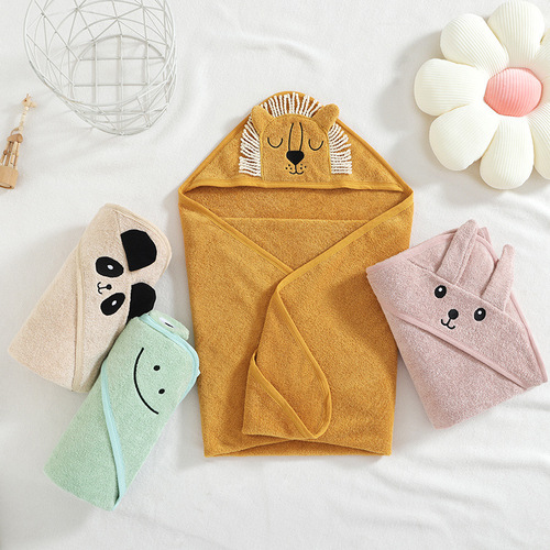 Cotton 32-count shedding-proof hooded baby towel for newborns and toddlers, cute cartoon-style with hood, large bath towel