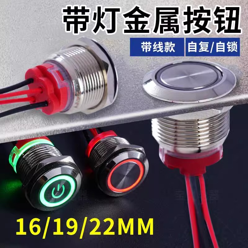 Metal Push Button Switch, Short Type, Self-Locking, Resettable, with Light, Eco-Friendly, Small Button, Waterproof, Rust-Proof, with Power Cord